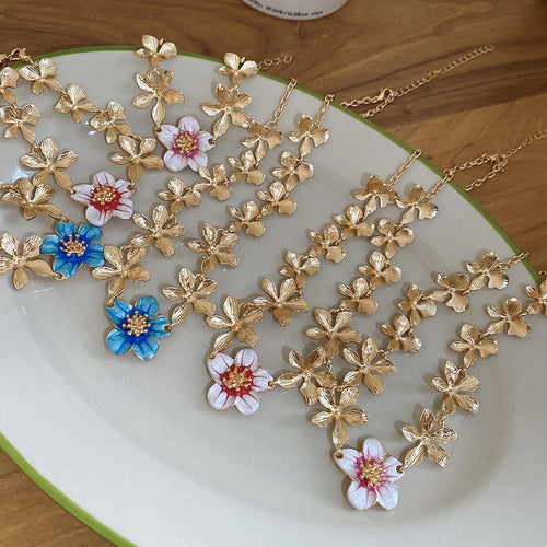 European American Alloy Enamel Flower Necklace And Bracelet Jewelry Set Sweet Vacation Style