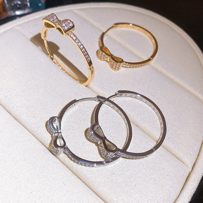 Korean Sparkling Full Zircon Bow Round Copper Ear Cuff Earrings For Women