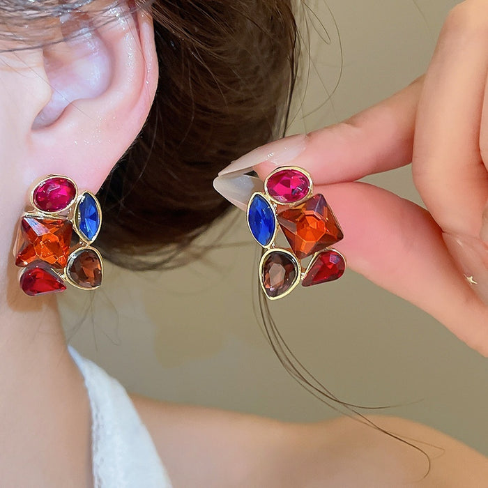 Vintage Alloy Square Rhinestone Stud Earrings Court Style Banquet Light Luxury Jewelry