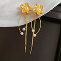 Vintage Floral Faux Pearl Tassel Drop Earrings With Silver Pin Elegant Women's Jewelry view 2