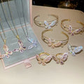 Korean Style Copper Zircon Butterfly Necklace Ring Bracelet Jewelry Set view 1
