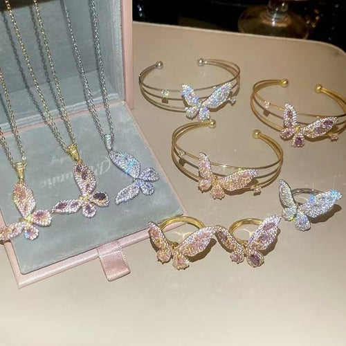 Korean Style Copper Zircon Butterfly Necklace Ring Bracelet Jewelry Set