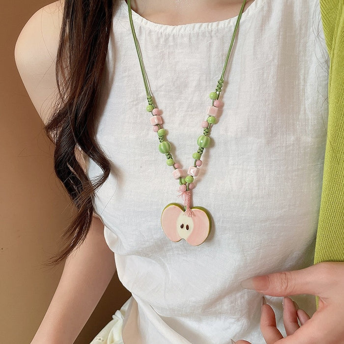 Ceramic Apple Braided Cord Beaded Necklace Pendant Jewelry Set For Women Pastoral Cute Style