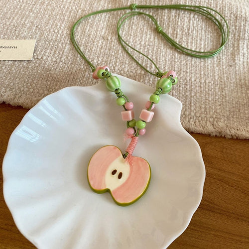 Ceramic Apple Braided Cord Beaded Necklace Pendant Jewelry Set For Women Pastoral Cute Style