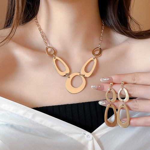 Modern Minimalist Vintage Alloy Irregular Hollow Necklace Bracelet Stud Earrings Jewelry Set For Women