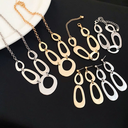 Modern Minimalist Vintage Alloy Irregular Hollow Necklace Bracelet Stud Earrings Jewelry Set For Women