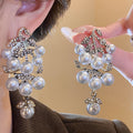 French Vintage Faux Pearl Rhinestone Geometric Stud Earrings With Silver Posts view 1