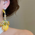 Sweet Chiffon Crystal Flower Tassel Drop Earrings With Silver Pin Beach Vacation Style view 3