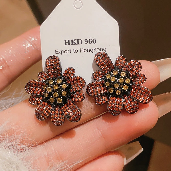 Sparkling Zircon Flower Copper Stud Earrings With Silver Posts, Vintage Court Style