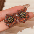 Sparkling Zircon Flower Copper Stud Earrings With Silver Posts, Vintage Court Style view 3