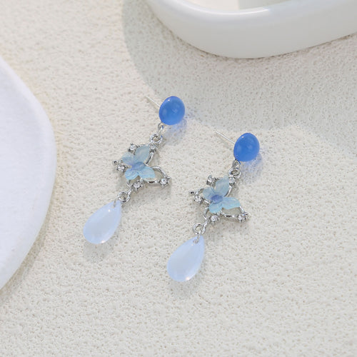 Elegant New Chinese Blue Butterfly Water Drop Tassel Alloy Rhinestone Stud Earrings