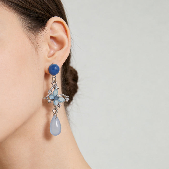 Elegant New Chinese Blue Butterfly Water Drop Tassel Alloy Rhinestone Stud Earrings