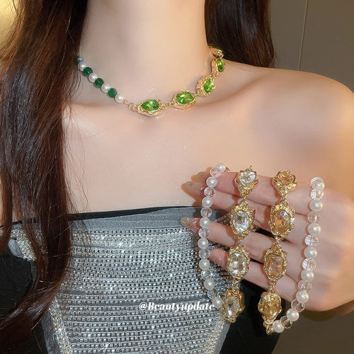 Alloy Rhinestone Oval Square Teardrop Pearl Court Style Geometric Collarbone Necklace for Evening Dress