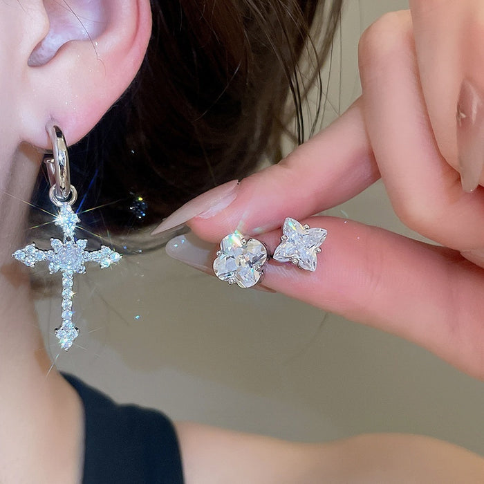 Faux Pearl Zircon Floral Cross Pendant Drop Earrings For Women, Light Luxury OL Style