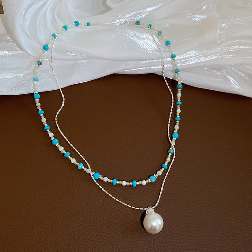 Light Luxury Double Layer Necklace With Zircon Cat Eye Stone Pearl Beads Round Geometric Choker For Women