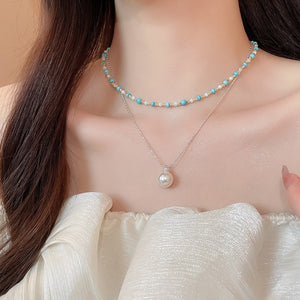 Light Luxury Double Layer Necklace With Zircon Cat Eye Stone Pearl Beads Round Geometric Choker For Women