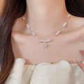 Light Luxury Faux Pearl Zircon Beaded Pendant Necklace, Geometric Round Elegant Collarbone Chain for Women view 4
