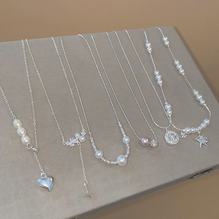 Light Luxury Faux Pearl Zircon Beaded Pendant Necklace, Geometric Round Elegant Collarbone Chain for Women