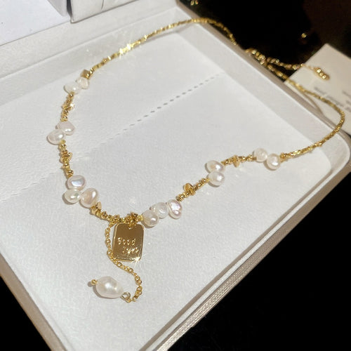 Freshwater Pearl Beaded Geometric Pendant Necklace Minimalist Light Luxury Collarbone Chain