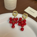 Vintage Red Beaded Grape Cluster Tassel Drop Earrings With Gold Alloy Wrinkled Studs, Elegant Luxury Earrings view 4
