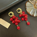 Vintage Red Beaded Grape Cluster Tassel Drop Earrings With Gold Alloy Wrinkled Studs, Elegant Luxury Earrings view 3