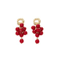 Vintage Red Beaded Grape Cluster Tassel Drop Earrings With Gold Alloy Wrinkled Studs, Elegant Luxury Earrings view 5