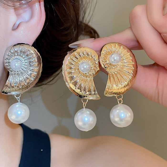 Faux Pearl Conch Shell Flower Starfish Geometric Stud Earrings With Silver Needle Posts