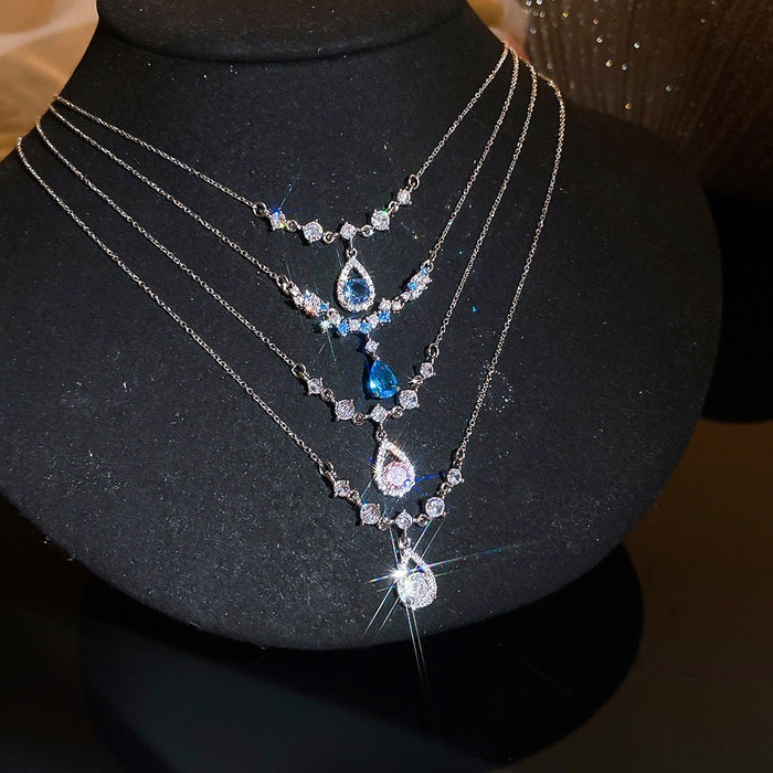 Light Luxury Copper Zircon Teardrop Pendant Necklace, Minimalist Elegant Collarbone Chain