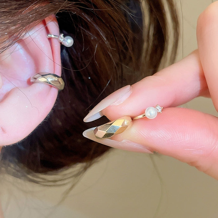 Faux Pearl Zircon Faceted Round Clip-on Earrings Minimalist Geometric No-Piercing Ear Cuffs for Women