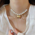 Sweet Cool Heart Faux Pearl Bead Choker Necklace For Women Statement Clavicle Jewelry view 3