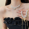 Sweet Cool Heart Faux Pearl Bead Choker Necklace For Women Statement Clavicle Jewelry view 1