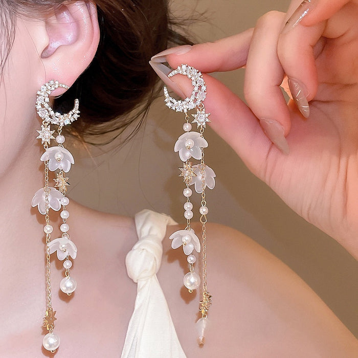 Fairy Style Faux Pearl Zircon Moon Star Flower Stud Earrings With Silver Pins