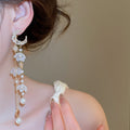 Fairy Style Faux Pearl Zircon Moon Star Flower Stud Earrings With Silver Pins view 3