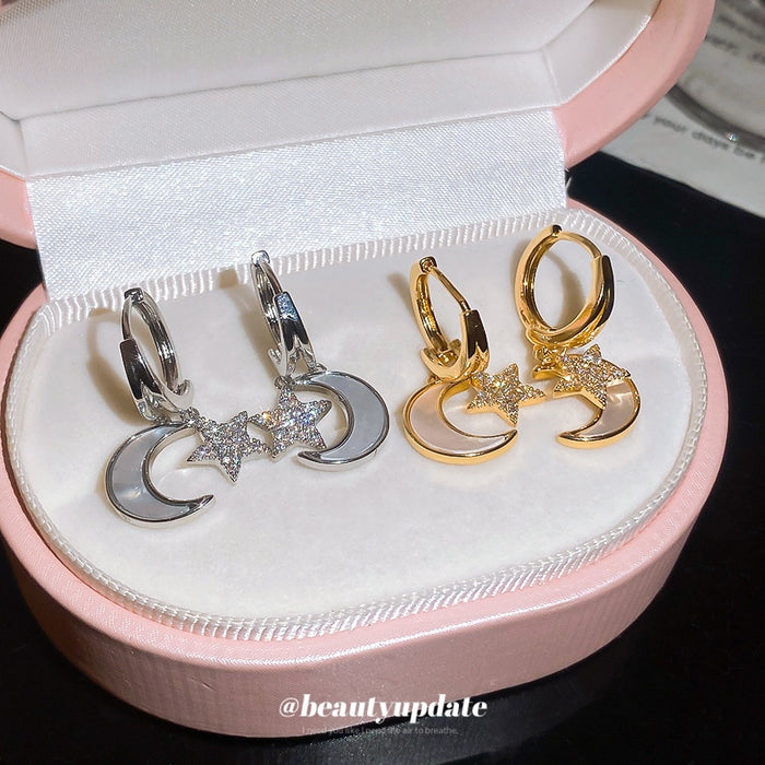 Zircon Shell Star Moon Ear Cuff Earrings, Playful Light Luxury Fashion Jewelry