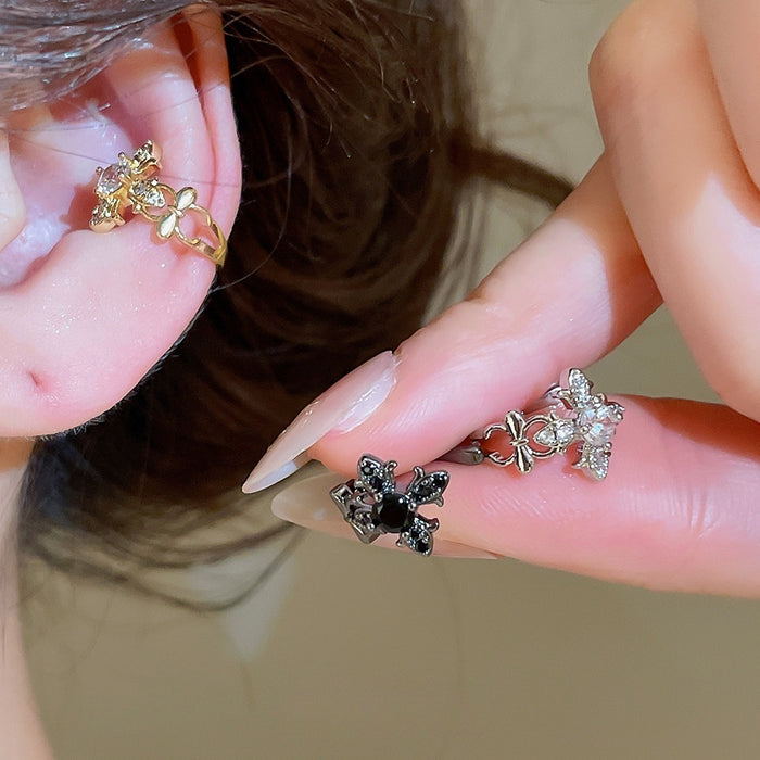 Light Luxury Copper Zircon Cross Iris Flower Clip-on Earrings for Women Geometric No Piercing Ear Cuffs