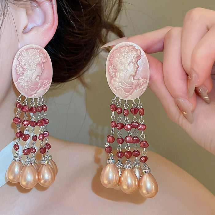 Vintage Oval Portrait Faux Pearl Tassel Drop Earrings Retro Geometric Stud Style