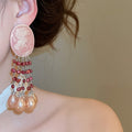 Vintage Oval Portrait Faux Pearl Tassel Drop Earrings Retro Geometric Stud Style view 3