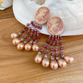 Vintage Oval Portrait Faux Pearl Tassel Drop Earrings Retro Geometric Stud Style view 4