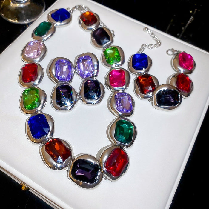 Light Luxury Alloy Jewelry Set With Colorful Rhinestone Square Necklace Bracelet And Stud Earrings