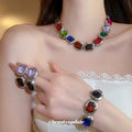 Light Luxury Alloy Jewelry Set With Colorful Rhinestone Square Necklace Bracelet And Stud Earrings view 4