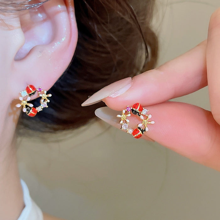 18K Gold Plated Copper Zircon Flower Ladybug Stud Earrings Sweet Forest Style Jewelry