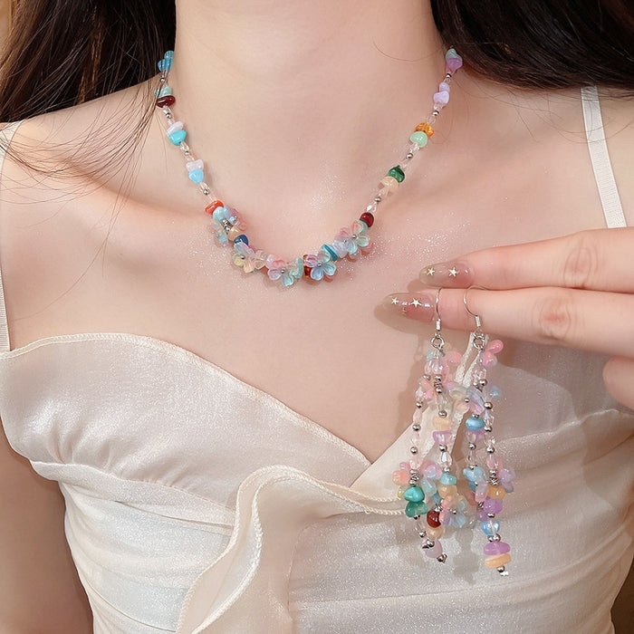 Spring Color Crystal Resin Flower Tassel Necklace And Ear Hook Jewelry Set For Women