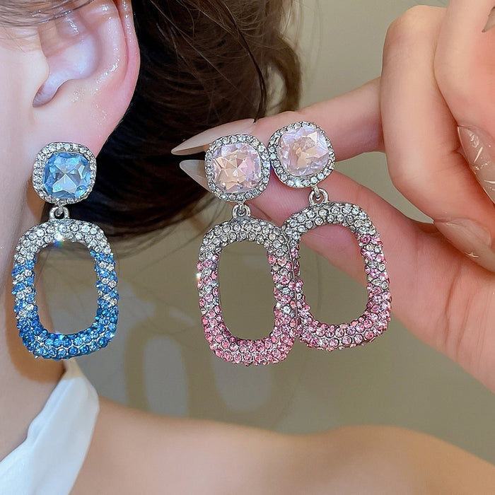 Alloy Silver Pin Rhinestone Square Hollow Stud Earrings European Court Style Evening Jewelry