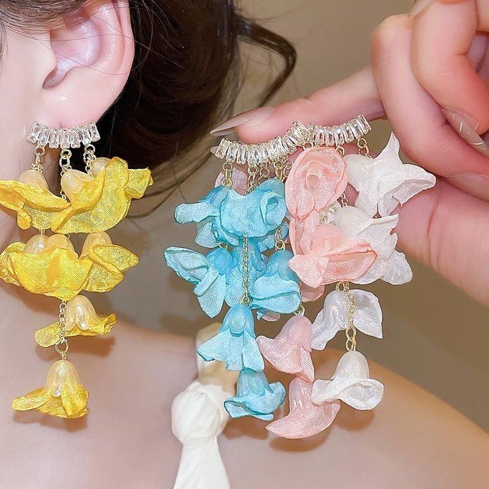Summer Chiffon Flower Zircon Stud Earrings With Silver Posts, Sweet Resort Style Jewelry