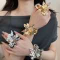 European Style Enamel Double Layer Flower Hollow Open Bracelet Ring Jewelry Set In Metal view 2