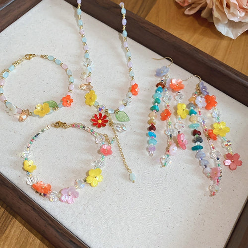 Glass Crystal Bead Resin Flower Bracelet Necklace Earring Jewelry Set Sweet Summer Floral Style