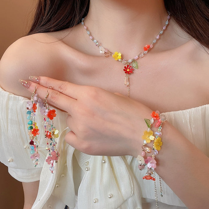 Glass Crystal Bead Resin Flower Bracelet Necklace Earring Jewelry Set Sweet Summer Floral Style