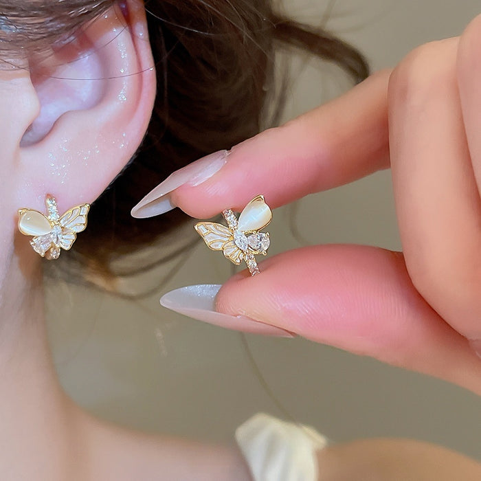Moonlight Butterfly Copper Earrings With Zircon Cat Eye Stone And Enamel Wings Sweet Fairy Style
