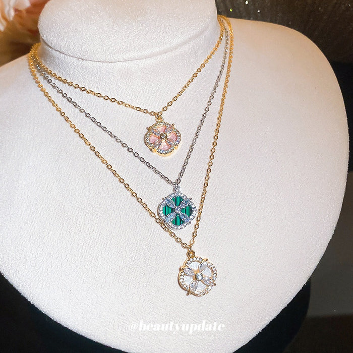 Copper Zircon Clover Flower Pendant Necklace Elegant Light Luxury Collarbone Choker for Women