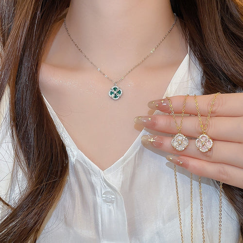 Copper Zircon Clover Flower Pendant Necklace Elegant Light Luxury Collarbone Choker for Women